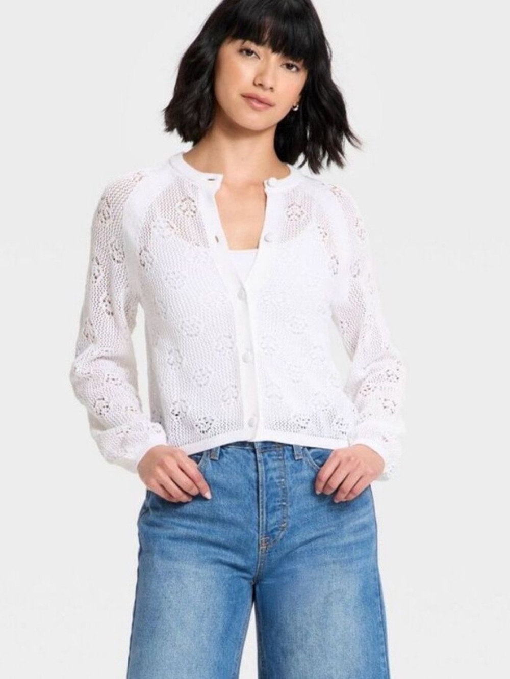 NWT White Crochet Cotton Button-Front Cardigan